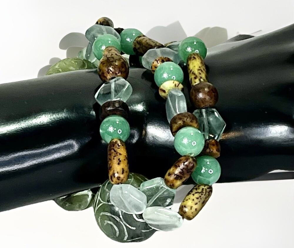 VTG Sterling Silver Chunky Carved Nephrite/ Jadeite/Wood Bead 925 Bracelet 88g